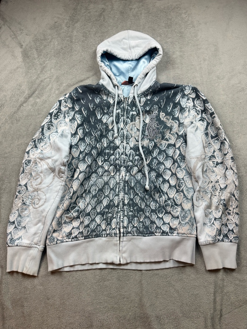Y2K Christian Audigier Zip-up Hoodie All Over Snake Scale Print Blue Satin Lined